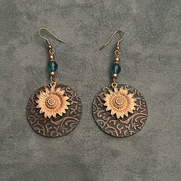 Jewelry - Sunflower Embossed Bronze and Teal earrings